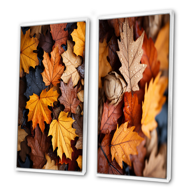 Ensemble de salon art mural jaune et orange feuilles d'automne Mapple I - 2 feuilles, Cadre flottant blanc, H 32 po x l 33 po