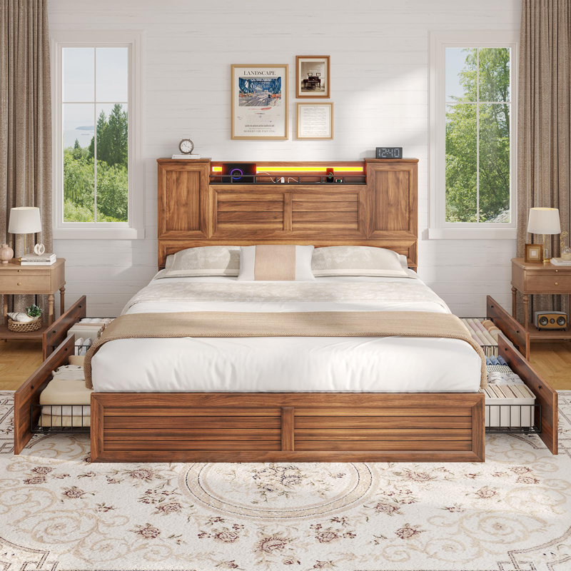 Cadre de lit double Farmhouse avec tête de lit et armoires de rangement, cadre de lit plateforme en bois avec 4 tiroirs, aucun sommier nécessaire, brun