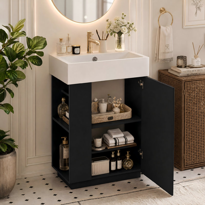 Meuble-lavabo noir pour salle de bain, meuble-lavabo autoportant avec porte à charnières à droite et lavabo en céramique pour petites salles de bain