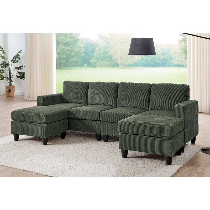 Canapé modulaire large avec repose-pieds Ranjeeta, Velours côtelé vert foncé
