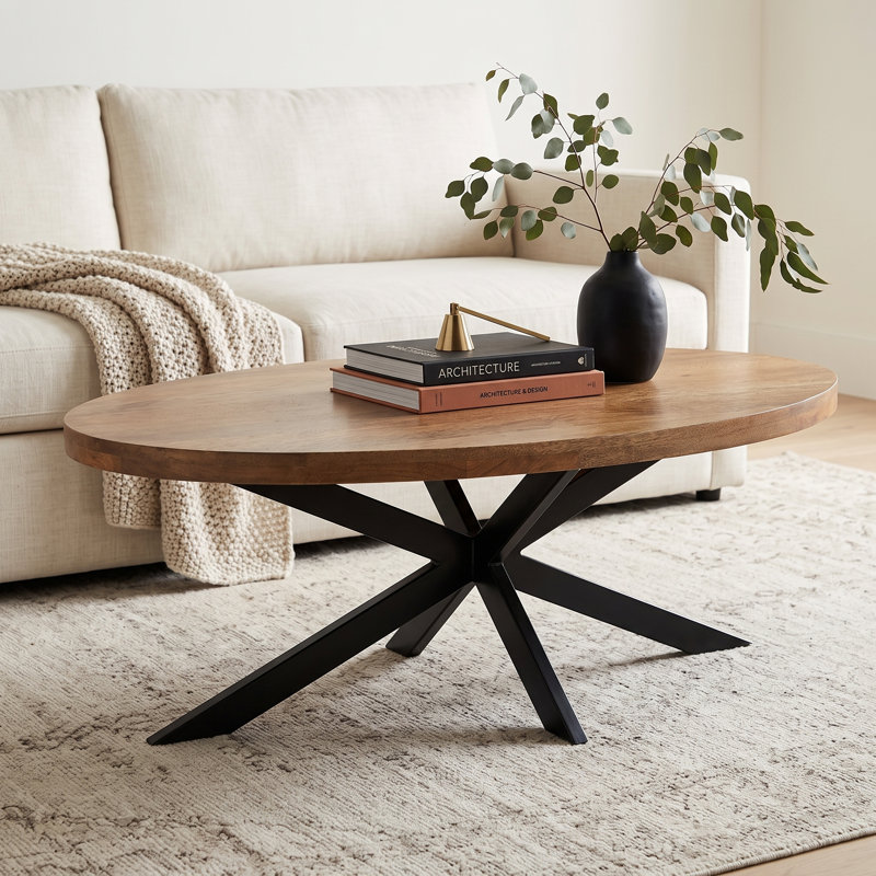 Table basse Harvest - Table ovale en bois de manguier rustique moderne de 51 po avec pieds en étoile, fabriquée à la main pour le salon ou le bureau