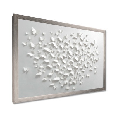 Summer White Butterflies In The Sky - Abstract Collages Wall Art, White Contemporary Canvas Print