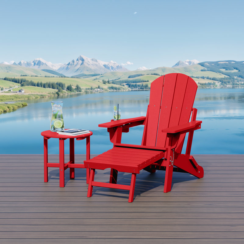 Outdoor Folding Adjustable Adirondack Chair With Hideaway Ottoman & Round Side Table, Red