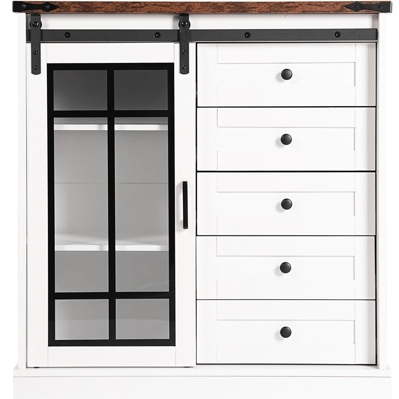 Retro Style Home Storage Cabinet With 5 Drawers And 2 Adjustable Shelves, Built-In Led , White Walnut Modern Minimalist Chest, 7 Colors, 5+ Drawers, Deep