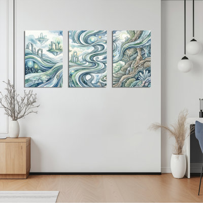 Ensemble de 3 toiles murales fantastiques représentant un paysage avec des îles flottantes et des rivières tourbillonnantes, pour la décoration du salon, de la chambre ou du bureau.