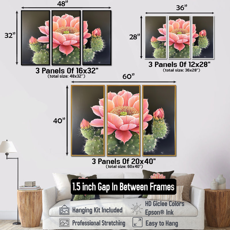 Cactus rose en fleurs dans le désert de Mojave - ensemble de reproductions d'art mural floral cactus, Naturel, 28" H x 36" W