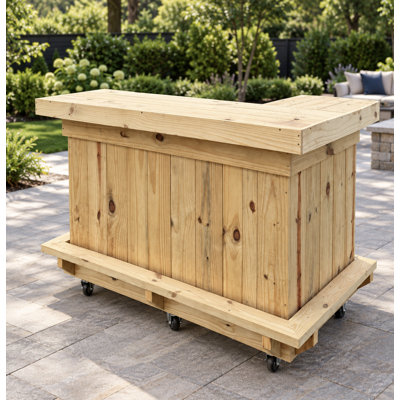 5-Foot L-Shaped Outdoor Patio Wood Bar with Footrest and Casters, Natural Unfinished