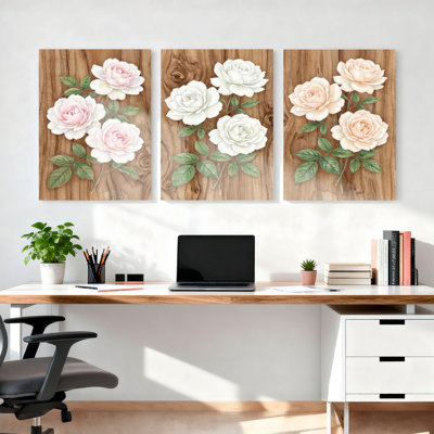 Ensemble de 3 tableaux muraux sur toile texturée « Roses sur bois ».