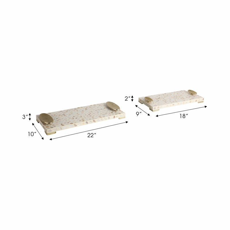 Okechuku 18 and 22" Allerd Mother and Pearl Rectangle Trays, 2.5"H, Shell, Set of 2 - 22" x 10" x 2.5"