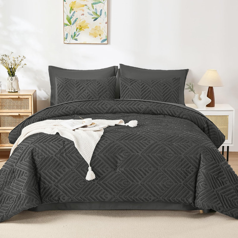 Andency Oversized Queen Comforter Set 7 Piece Dark Grey - Bed in a Bag Oversized Queen Boho Lightweight Fluffy Tufted Bedding Sets with Comforter, Sheets, Pillowcases & Shams
