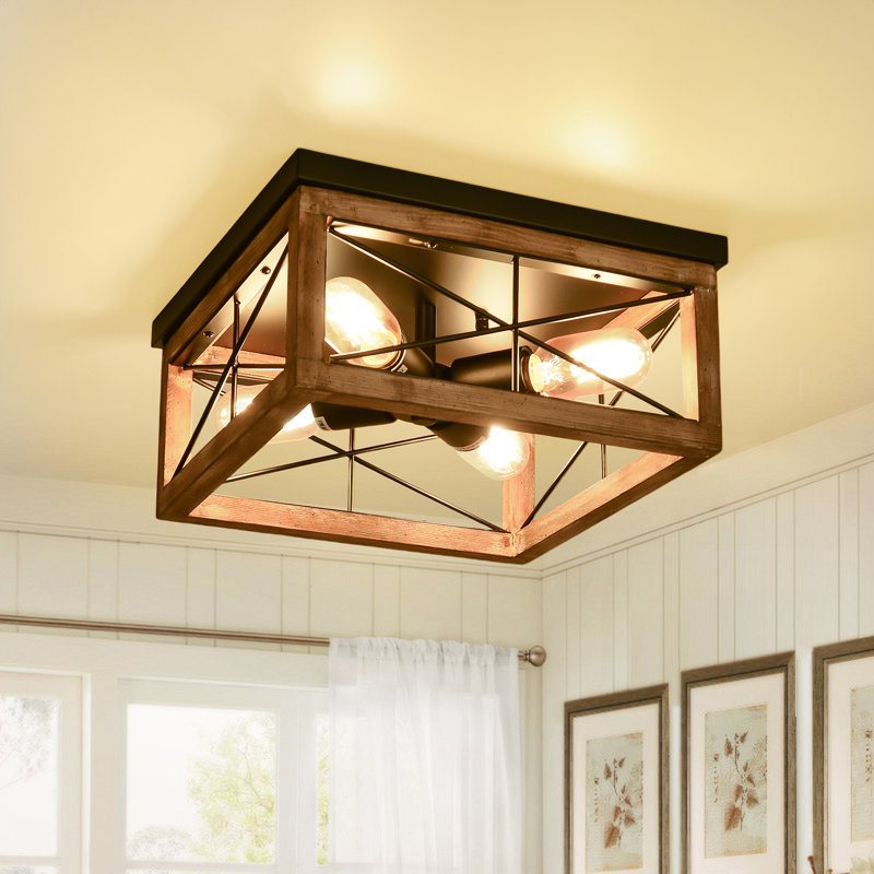 Plafonnier encastré 4 lumières avec fer et bois