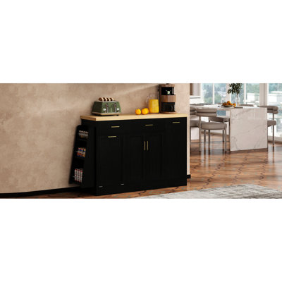 Dining Room Sideboard With Hidden Trash Can Compartment, Double - Door Cabinet, And 3 Tier Spice Rack, Black, Ample Storage For Kitchen Items Pull Out Can, Two Drawers, Modern Look