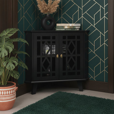 32" Wide Triangle Corner Storage Cabinet With 2 Carved Doors And Adjustable Shelf - Black