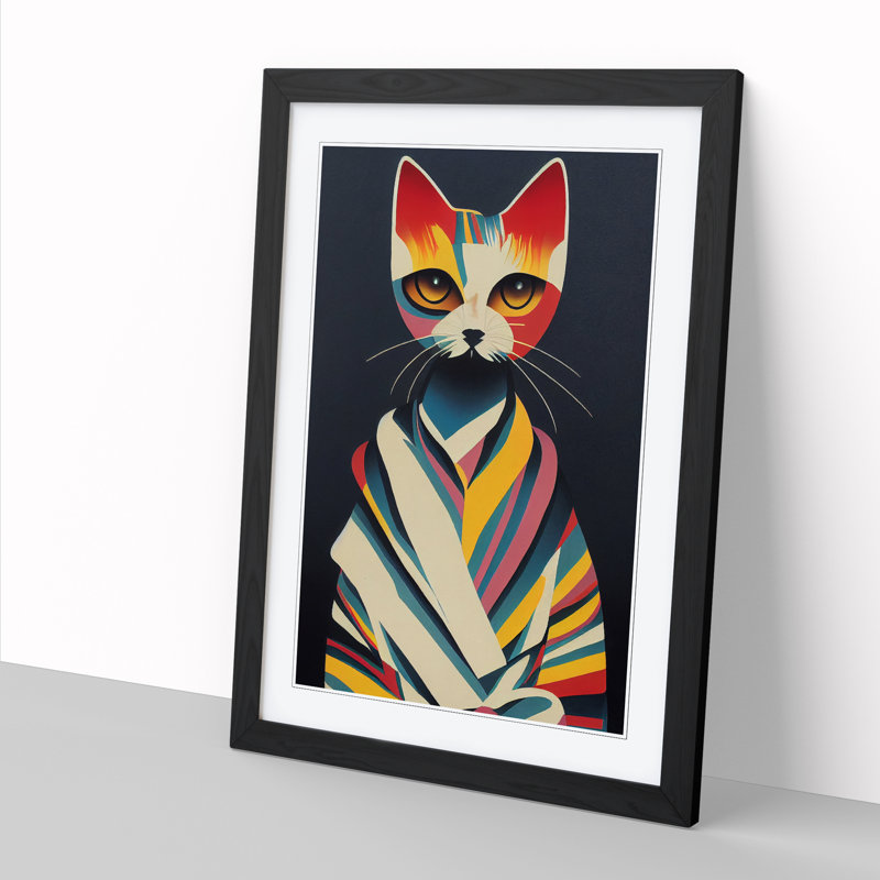 Cat Art Mid Century - Picture Frame Print, 46cm H x 34cm W x 2cm D, Walnut Framed