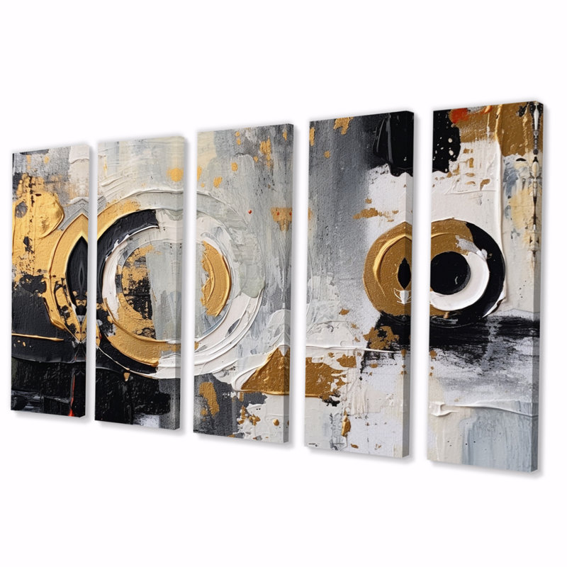 Tourbillons dorés aux multiples facettes - cubisme, reproduction d'art sur toile - 5 panneaux égaux