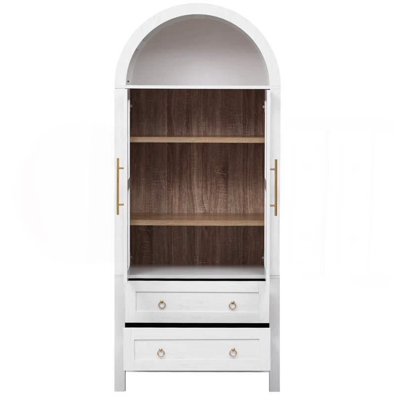 71" Tall Arched Kitchen Pantry Cabinet with 2 Large Drawers, Modern Farmhouse Kitchen Storage Cabinets with Adjustable Shelves, Glass Door, Wood Versatile Cupboard for Kitchens, Dining Room, White