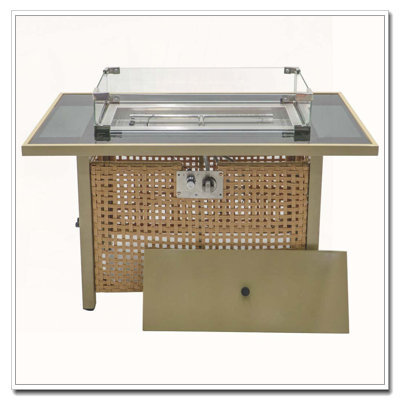 Foyer de table 43 po au gaz propane, foyer extérieur rectangulaire en osier à tissage ouvert de 60000 BTU avec pare-vent en verre pour terrasse extérieure