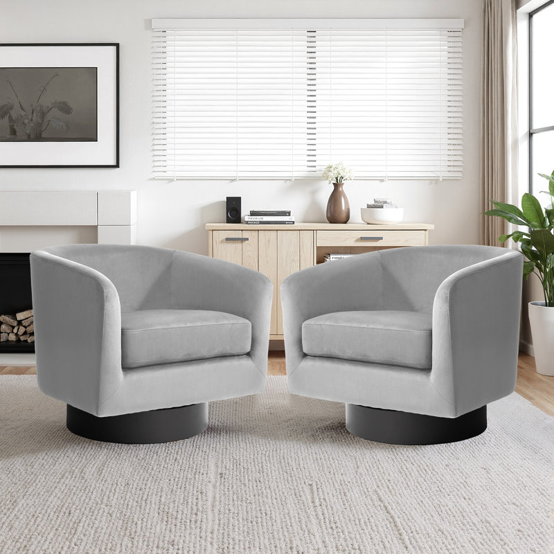 Everett Applewold Upholstered Gray Velvet Swivel Barrel Chair with Solid Wood Base, Gray
