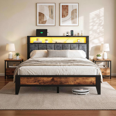 Cradere Full Size Bed Frame with Headboard, Upholstered Platform Bed with Storage Shelves and Charging Station