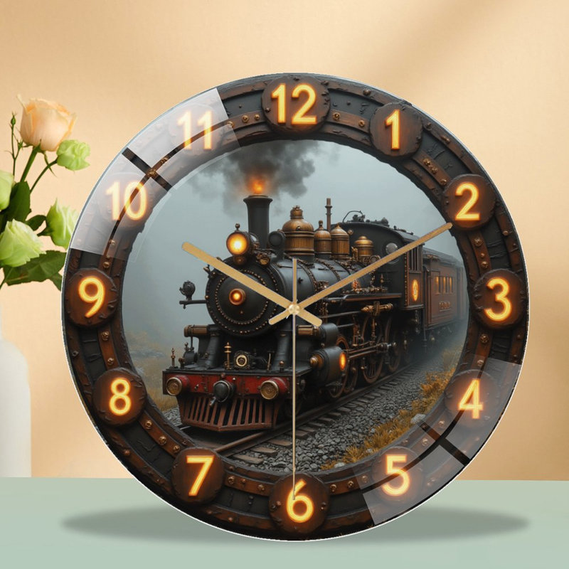 Vintage Steam Train Wall Clock Unique Design Home Decor Art - 12'' Modern Glass Wall Clock