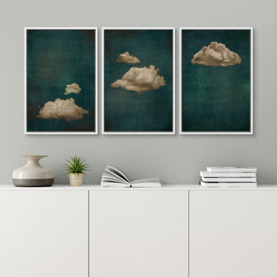 Ensemble de 3 reproductions sur toile flottantes sur fond de nuages abstrait bicolore bleu marine foncé