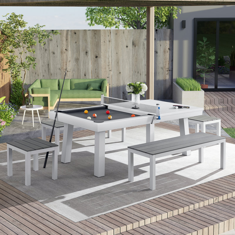 Table de salle à manger d'extérieur / d'intérieur en ardoise avec 4 bancs et accessoires Oasis, Gris anthracite, Blanc