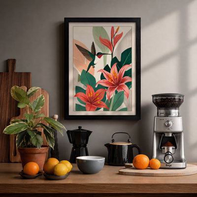 Hummingbird Among Lilies Botanical - Framed Print