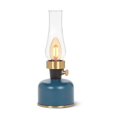 - Lampe de table à lanterne à DEL avec cheminée en verre lustré - Ampoule Edison rechargeable de style rétro noire de 10,5 po - Éclairage décoratif intérieur / extérieur - Bleu