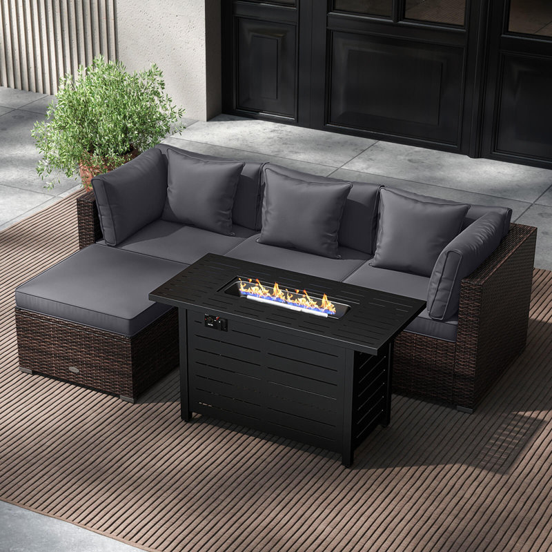 Ensemble de 5 meubles de patio en rotin avec cadre et table de foyer 60 000 BTU gris, Gris