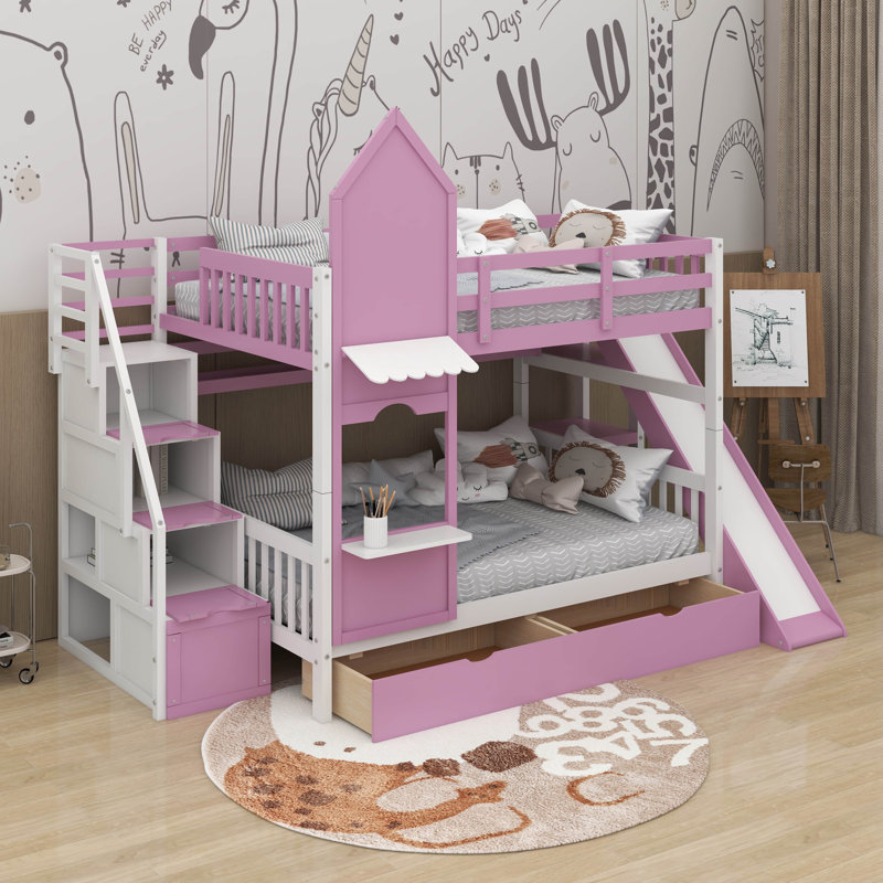 Lit superposé de style château double avec tiroirs, tablettes et glissoire, Lit superposé double sur double, Rose