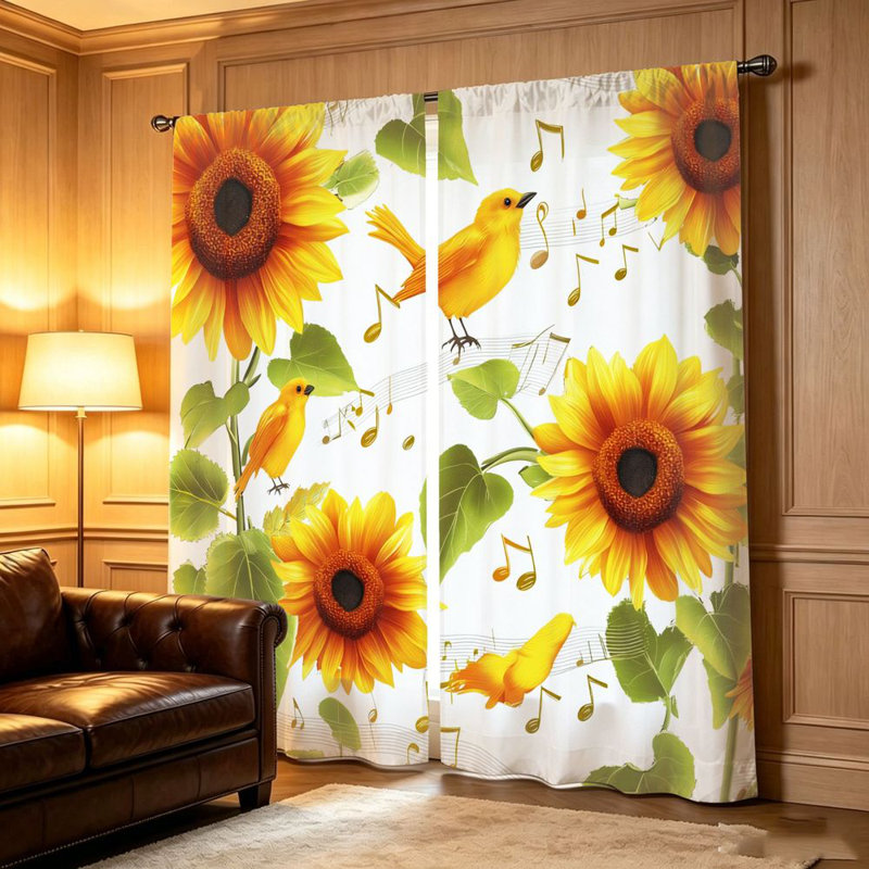 2 pièces de rideaux filtrant la lumière avec des notes de musique de tournesol, W42*H63in*2pcs