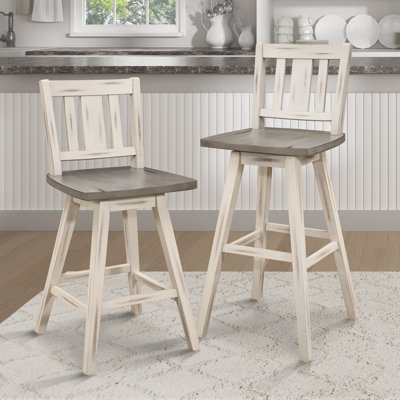 Pub Height Chairs Set Of 2, Distressed And 360-Degree Swivel Chair Solid Rubberwood Furniture, Vertical Slat Back Bar Chairs -  Gracie Oaks, E960B257AFA14BA79B2E3B7106CE9FF2