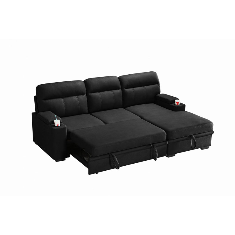 Canapé-lit modulaire en microfibre Kaden de 93 po avec méridienne orientable à droite - lit escamotable en forme de L, deux porte-gobelets, accoudoirs de rangement, design fonctionnel contemporain
