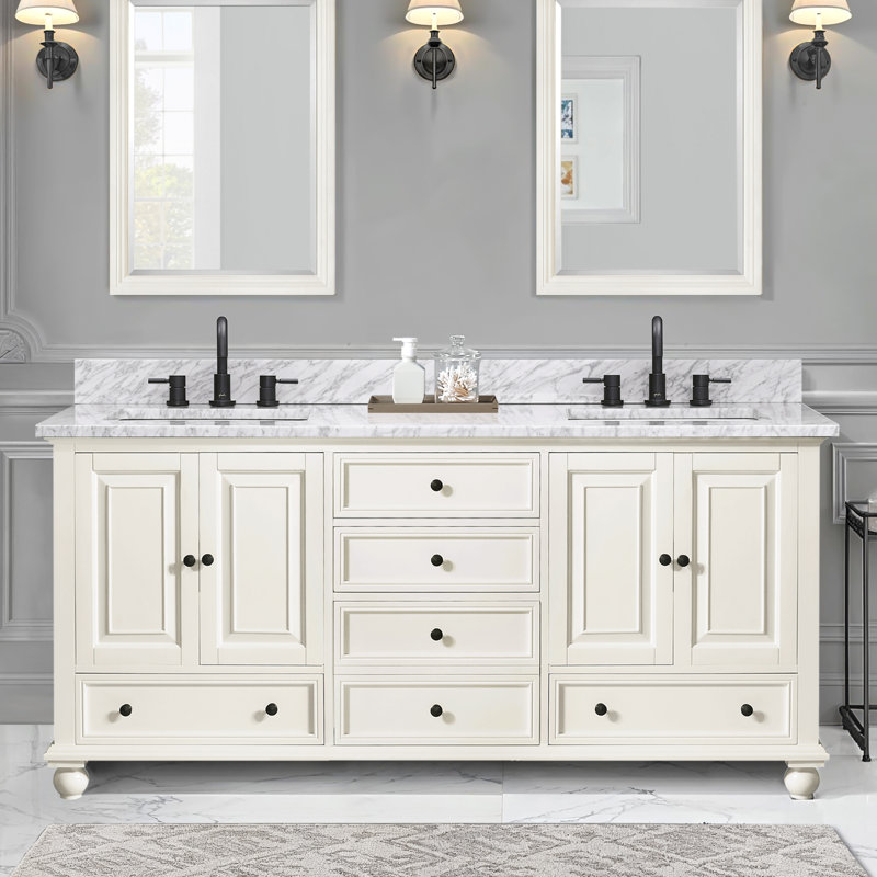 Thompson 61" Double Modern Bathroom Vanity Set, Carrera White, French White, 72"