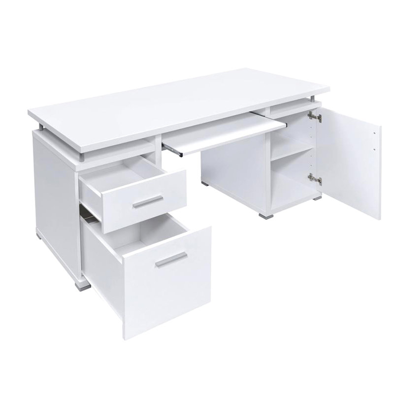 Bureau de 55 pouces en blanc, 2 tiroirs, décor en métal argenté et bureau fonctionnel blanc, détails, fabrication