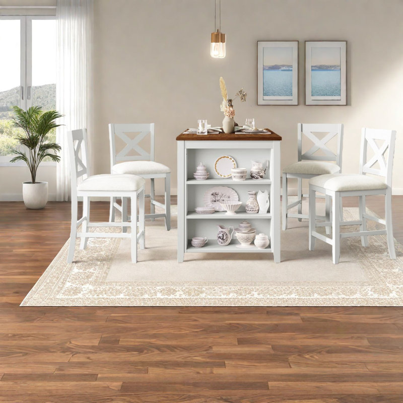 Ensembles de table de salle à manger avec rangement en bois massif blanc compact