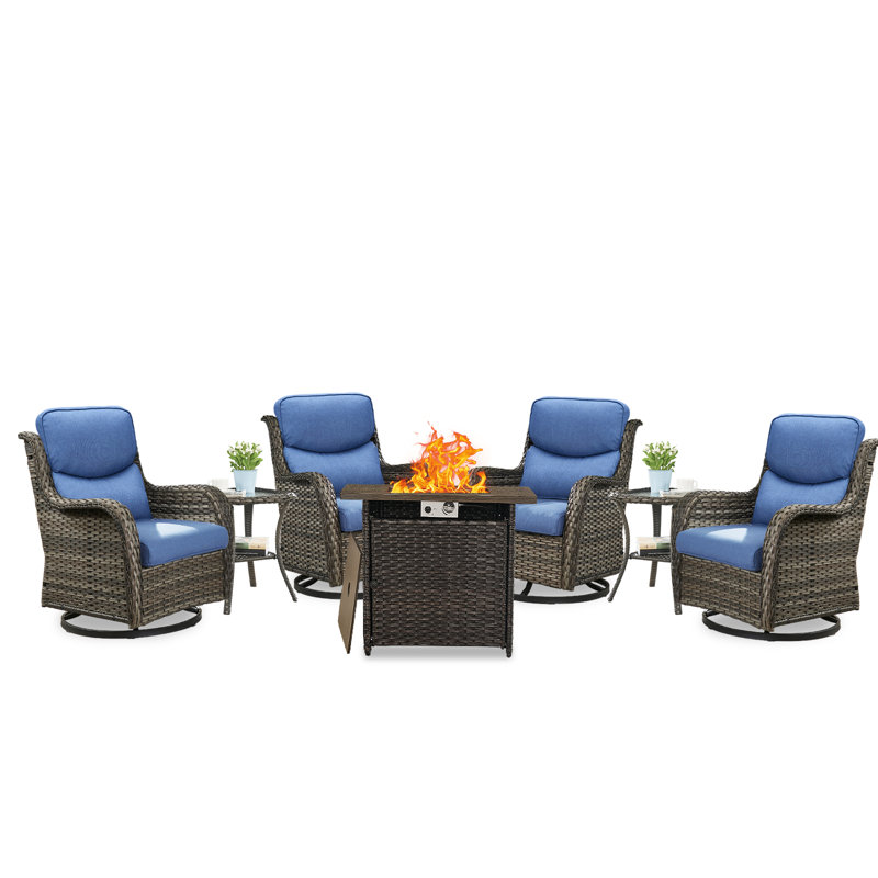 Simle 7-Piece Outdoor Seating Group PE Wicker Swivel Glider Chair With Cushions And Side Table, Gray, Blue