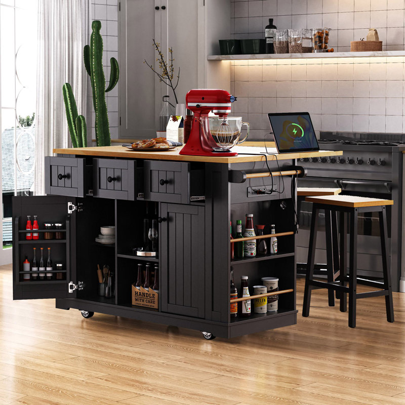 Îlot de cuisine 53 po avec 2 tabourets de bar Arlonda, Noir