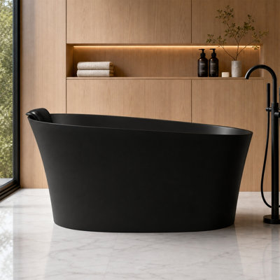 Matte Black Solid Surface Freestanding Soaking Tub, Stone Resin, Deep Soaking, Heat Retention