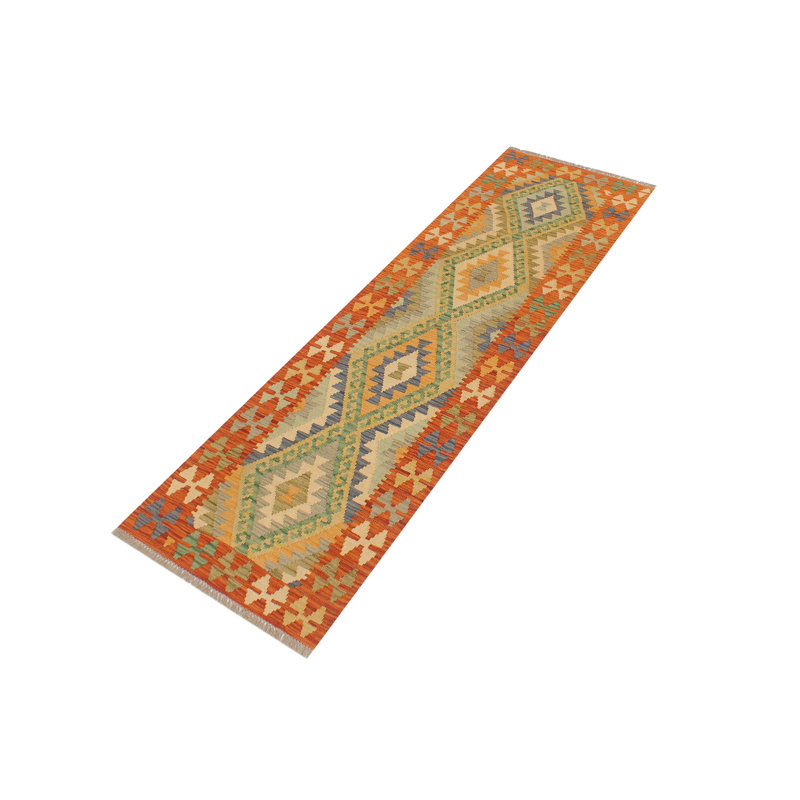 Tapis de couloir géométrique en laine tissé à la main 2 pi 1 po x 6 pi 4 po bleu clair / orange / vert Cedorah