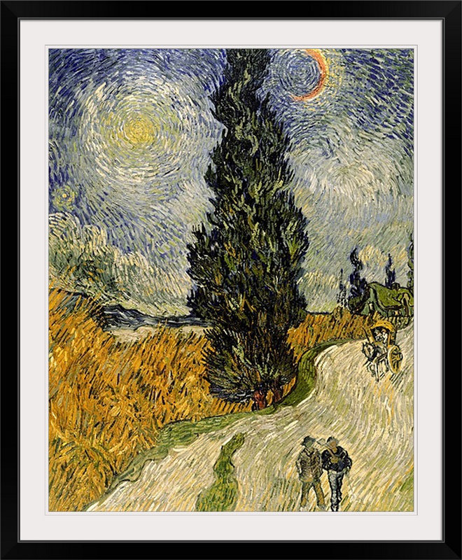 «Road with Cypresses, 1890» par Vincent Van Gogh, reproduction d'art, H 28 po x l 24 po x P 1 po, Cadre noir