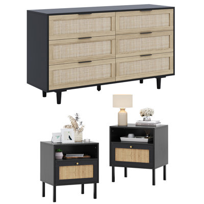 Aimara 3-Piece Bedroom Set, 51" Rattan 6 Drawer Dresser & Nightstand Set of 2