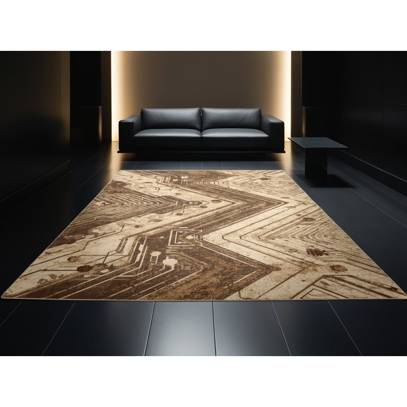 Soft Plush Polett Quantum Computer Circuit Modern Rustic Vintage Look Area Rug in Brown – Beige Binding, 5x7