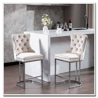 Tabourets de bar en velours avec dossier et garniture de rivets
