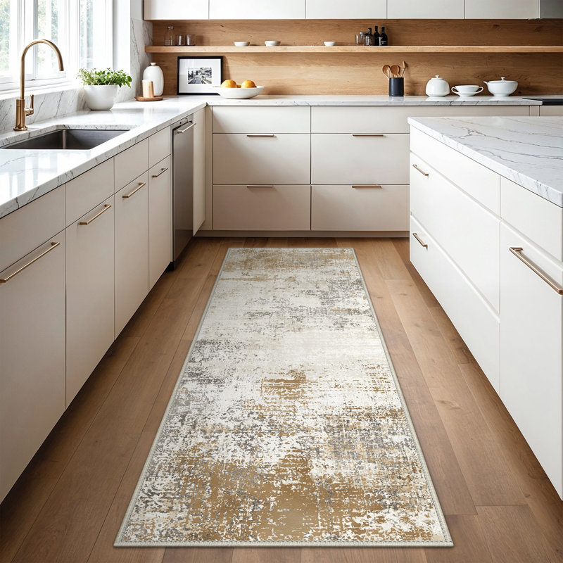 Abstract Machine Printed Area Rug, Runner 60 x 120 cm, Gold/Grey/Ivory