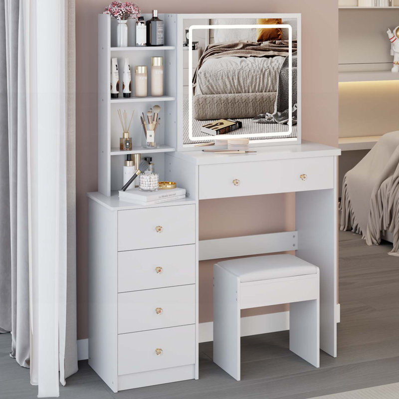 Versatile Bedside Cabinet with Advanced LED Mirror and Abundant Storage, White