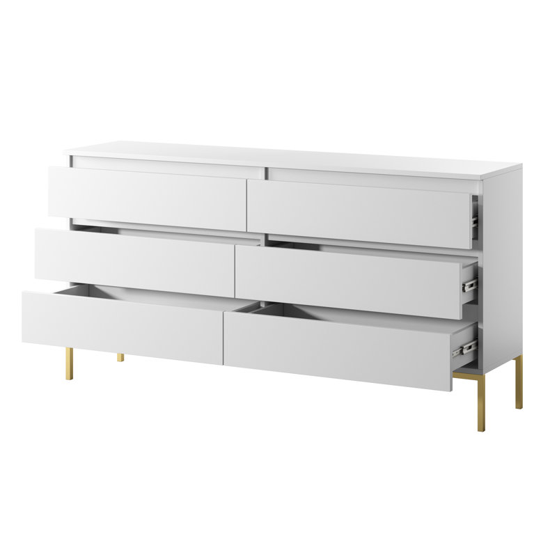 Abrah 150 cm W Chest of 6 Drawers, White/Gold