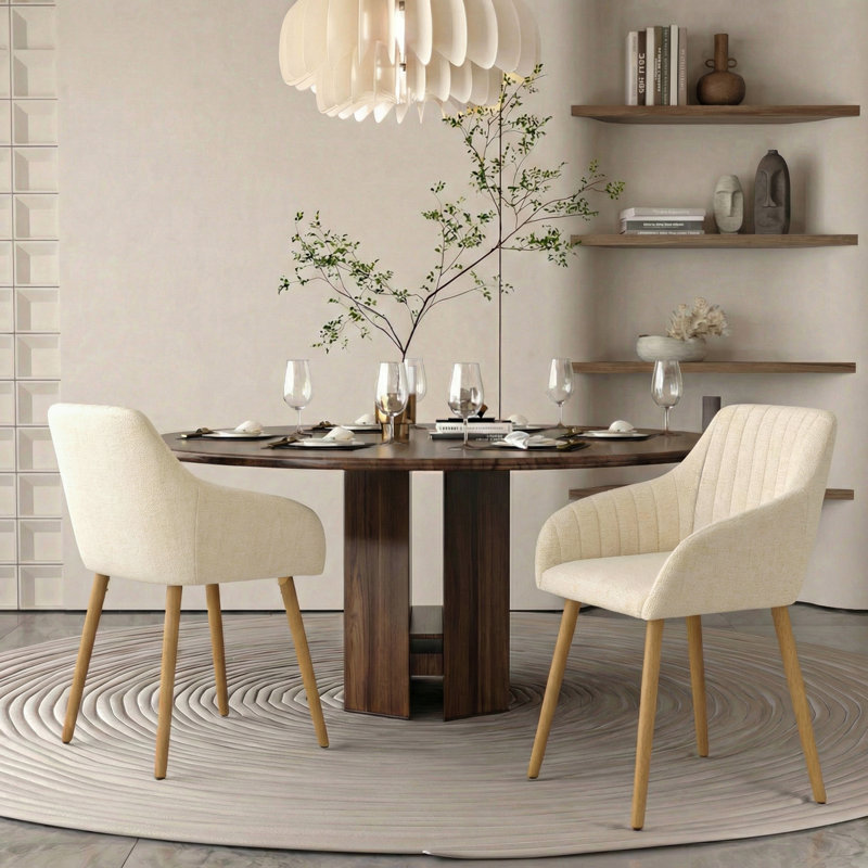 49.5cm H Upholstered Dining Chairs With Wooden Legs, 2, Cream Chenille/Natural