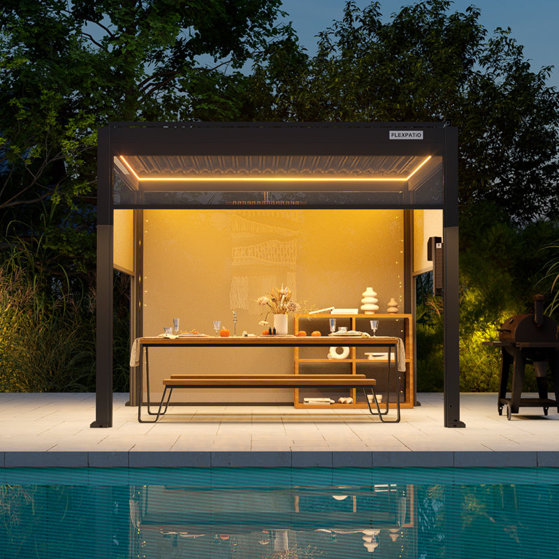 Flexpatio 10 Ft. W X 10 Ft. D Power+ Motorized Pergola Outdoor Louvered Pergola With 4-Side Motorized Roller Shades