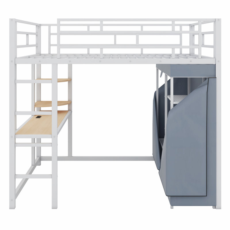 Lit mezzanine en métal avec bureau, tablettes, prise de courant, lumière DEL et garde-robe, Double, Blanc